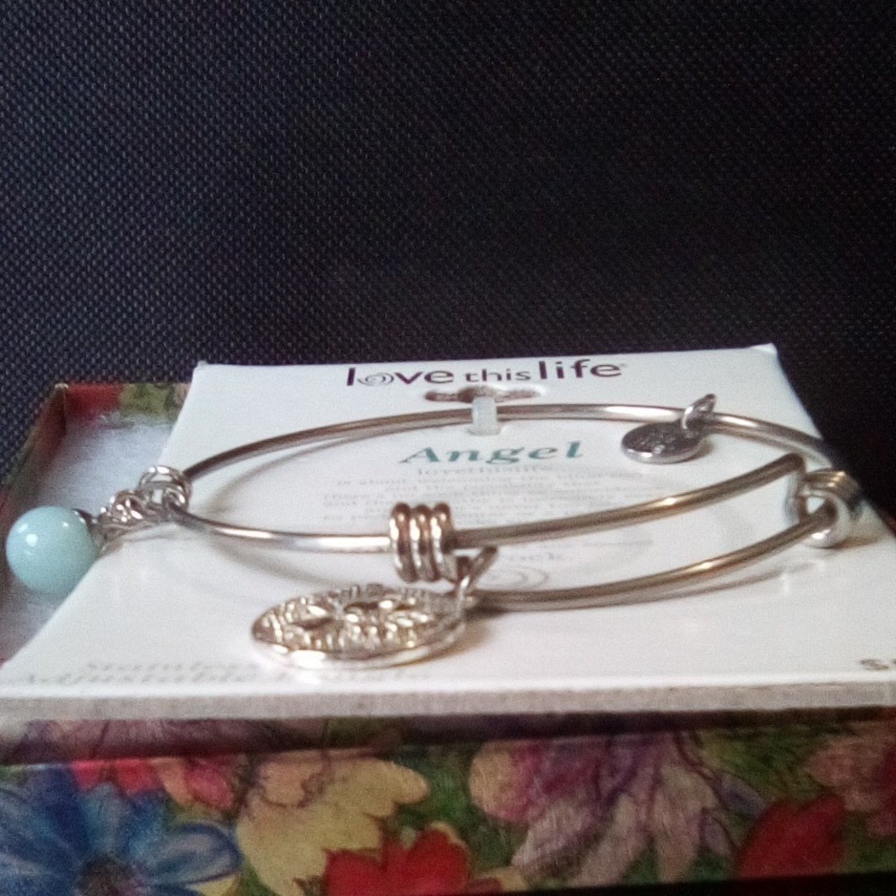 Love This Life Angel Stainless Steel Adjustable Bangle Bracelet Genuine Stone - Picture 3 of 8